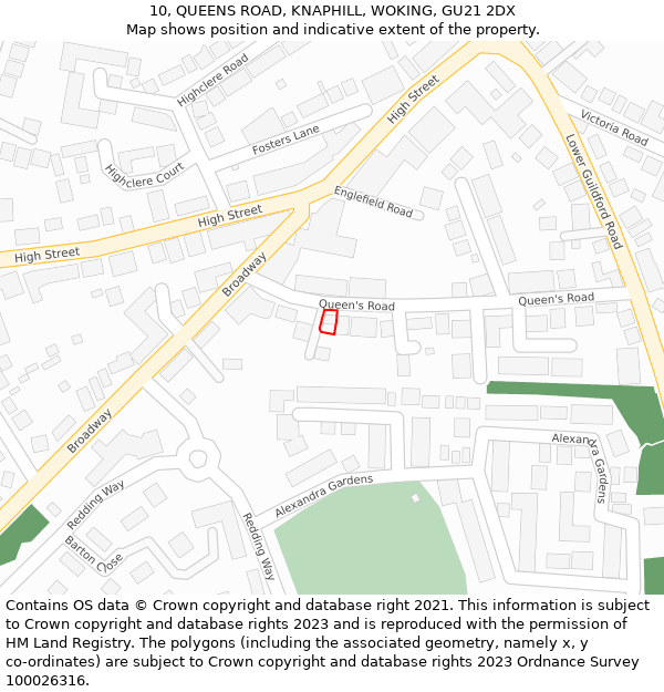 10, QUEENS ROAD, KNAPHILL, WOKING, GU21 2DX: Location map and indicative extent of plot