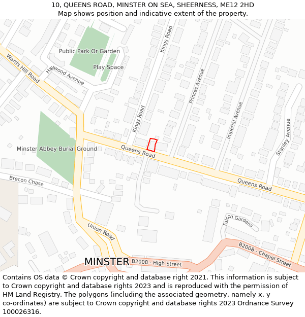 10, QUEENS ROAD, MINSTER ON SEA, SHEERNESS, ME12 2HD: Location map and indicative extent of plot