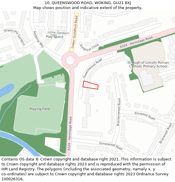 10, QUEENSWOOD ROAD, WOKING, GU21 8XJ: Location map and indicative extent of plot