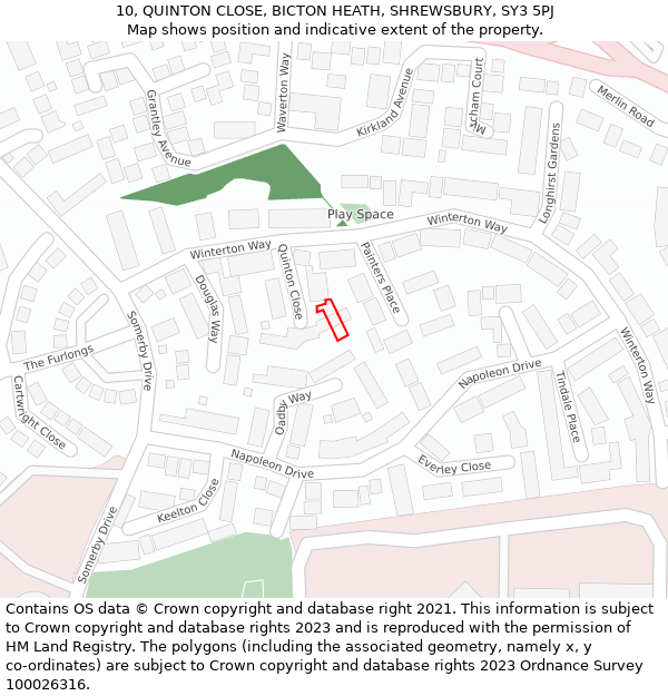 10, QUINTON CLOSE, BICTON HEATH, SHREWSBURY, SY3 5PJ: Location map and indicative extent of plot