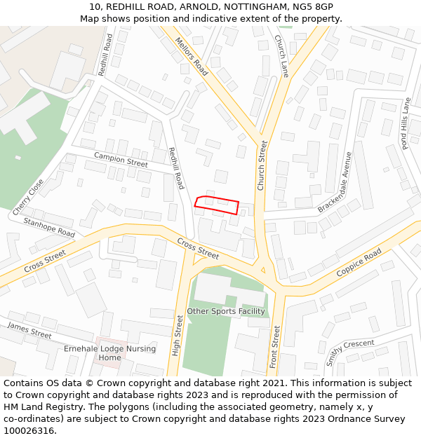 10, REDHILL ROAD, ARNOLD, NOTTINGHAM, NG5 8GP: Location map and indicative extent of plot