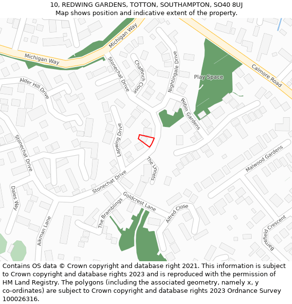 10, REDWING GARDENS, TOTTON, SOUTHAMPTON, SO40 8UJ: Location map and indicative extent of plot