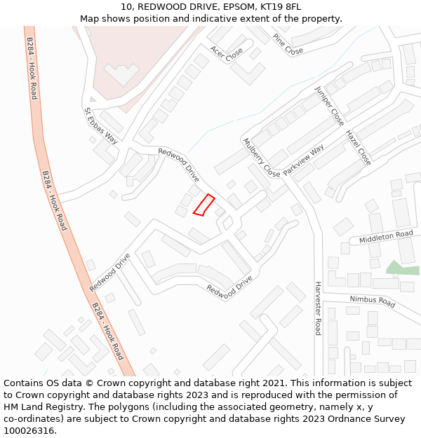 10, REDWOOD DRIVE, EPSOM, KT19 8FL: Location map and indicative extent of plot