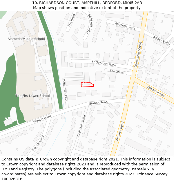 10, RICHARDSON COURT, AMPTHILL, BEDFORD, MK45 2AR: Location map and indicative extent of plot