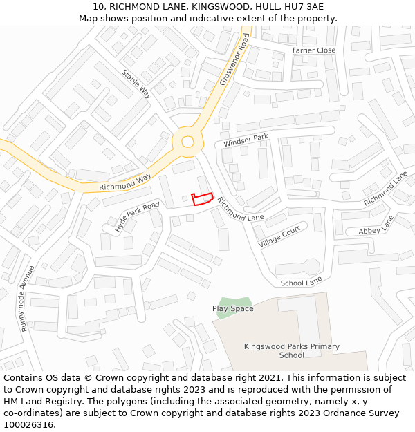 10, RICHMOND LANE, KINGSWOOD, HULL, HU7 3AE: Location map and indicative extent of plot