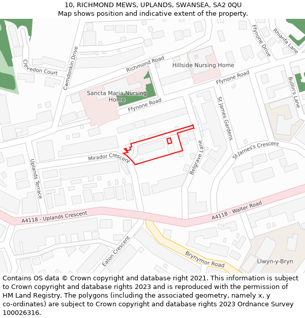 10, RICHMOND MEWS, UPLANDS, SWANSEA, SA2 0QU: Location map and indicative extent of plot