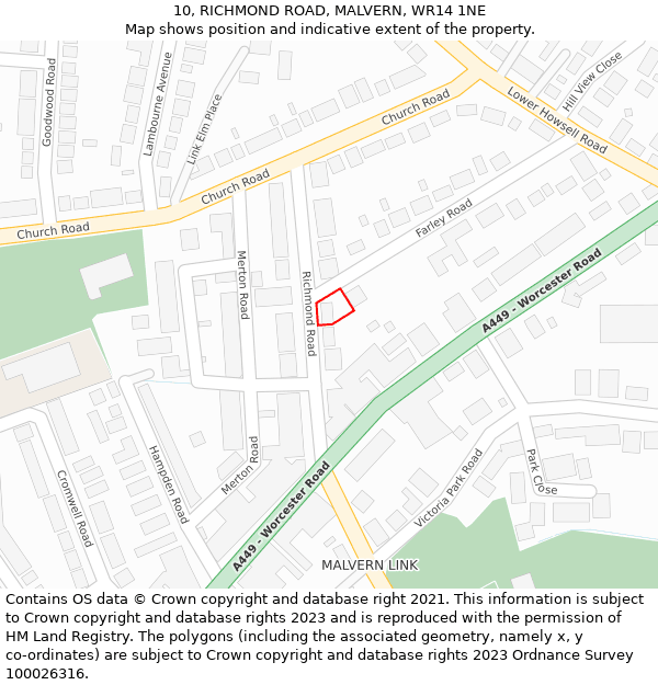 10, RICHMOND ROAD, MALVERN, WR14 1NE: Location map and indicative extent of plot