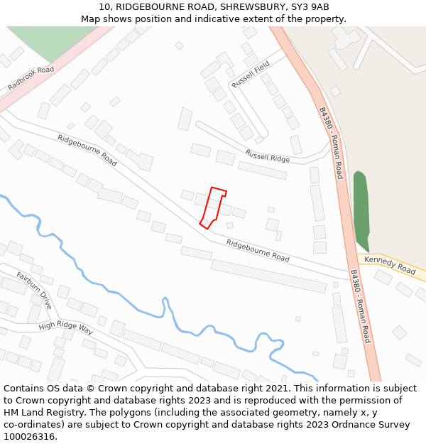 10, RIDGEBOURNE ROAD, SHREWSBURY, SY3 9AB: Location map and indicative extent of plot