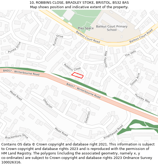 10, ROBBINS CLOSE, BRADLEY STOKE, BRISTOL, BS32 8AS: Location map and indicative extent of plot
