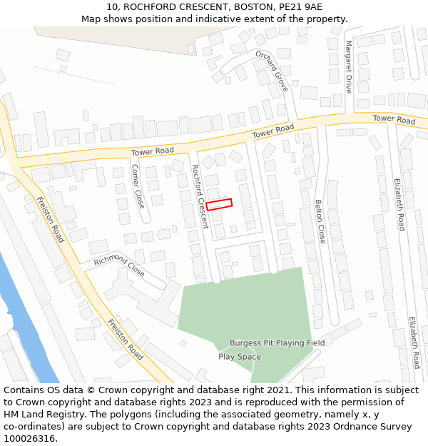 10, ROCHFORD CRESCENT, BOSTON, PE21 9AE: Location map and indicative extent of plot