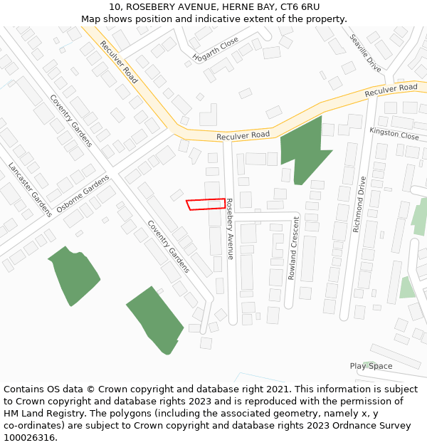 10, ROSEBERY AVENUE, HERNE BAY, CT6 6RU: Location map and indicative extent of plot