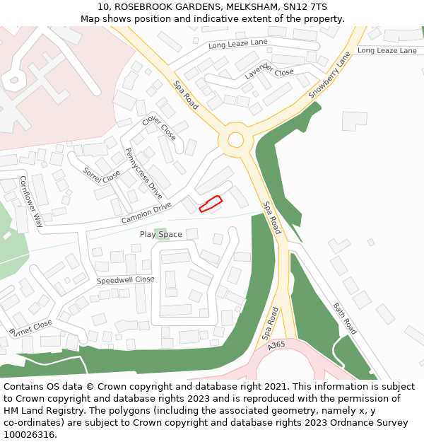 10, ROSEBROOK GARDENS, MELKSHAM, SN12 7TS: Location map and indicative extent of plot