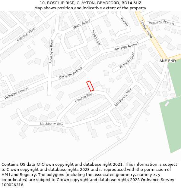 10, ROSEHIP RISE, CLAYTON, BRADFORD, BD14 6HZ: Location map and indicative extent of plot