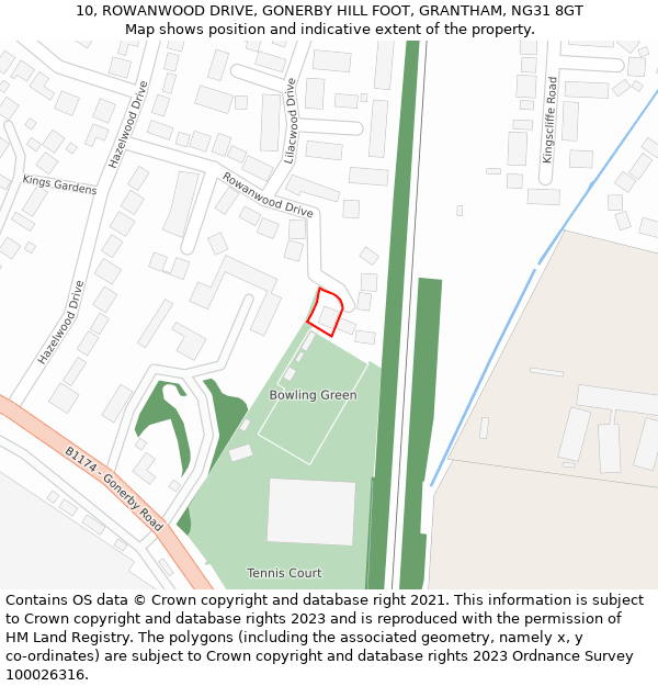 10, ROWANWOOD DRIVE, GONERBY HILL FOOT, GRANTHAM, NG31 8GT: Location map and indicative extent of plot