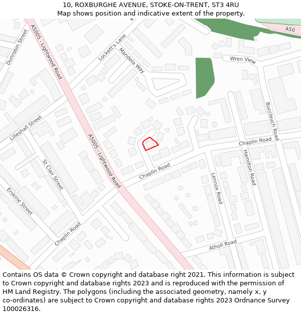 10, ROXBURGHE AVENUE, STOKE-ON-TRENT, ST3 4RU: Location map and indicative extent of plot