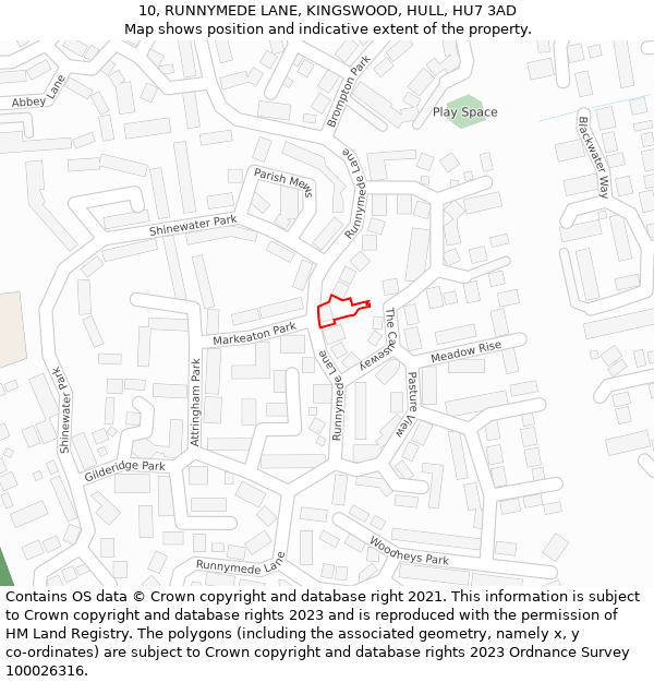 10, RUNNYMEDE LANE, KINGSWOOD, HULL, HU7 3AD: Location map and indicative extent of plot