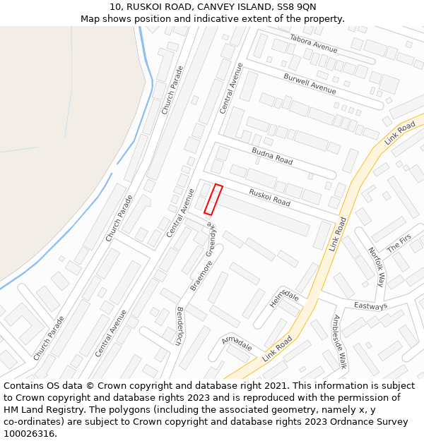 10, RUSKOI ROAD, CANVEY ISLAND, SS8 9QN: Location map and indicative extent of plot