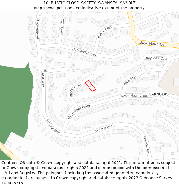 10, RUSTIC CLOSE, SKETTY, SWANSEA, SA2 9LZ: Location map and indicative extent of plot