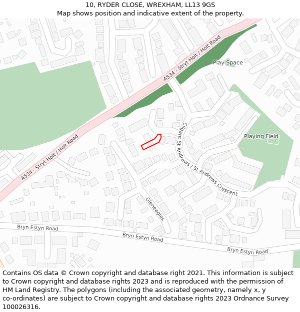 10, RYDER CLOSE, WREXHAM, LL13 9GS: Location map and indicative extent of plot