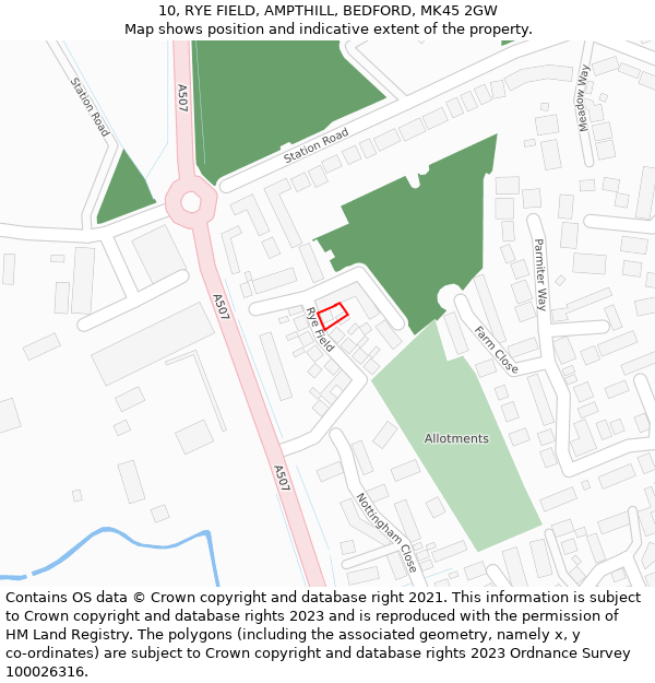 10, RYE FIELD, AMPTHILL, BEDFORD, MK45 2GW: Location map and indicative extent of plot