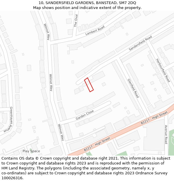 10, SANDERSFIELD GARDENS, BANSTEAD, SM7 2DQ: Location map and indicative extent of plot