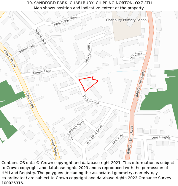 10, SANDFORD PARK, CHARLBURY, CHIPPING NORTON, OX7 3TH: Location map and indicative extent of plot