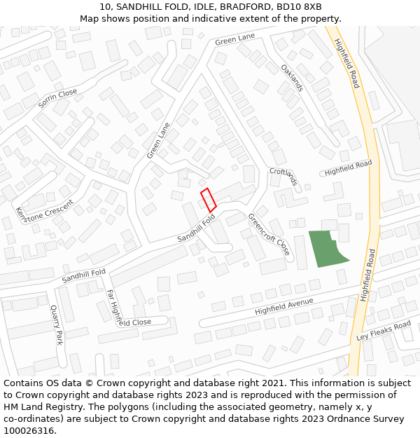 10, SANDHILL FOLD, IDLE, BRADFORD, BD10 8XB: Location map and indicative extent of plot