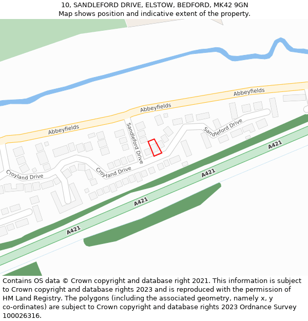 10, SANDLEFORD DRIVE, ELSTOW, BEDFORD, MK42 9GN: Location map and indicative extent of plot