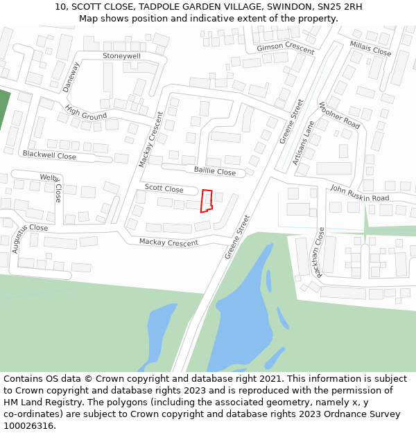 10, SCOTT CLOSE, TADPOLE GARDEN VILLAGE, SWINDON, SN25 2RH: Location map and indicative extent of plot