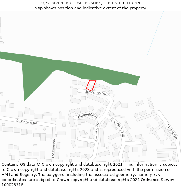 10, SCRIVENER CLOSE, BUSHBY, LEICESTER, LE7 9NE: Location map and indicative extent of plot