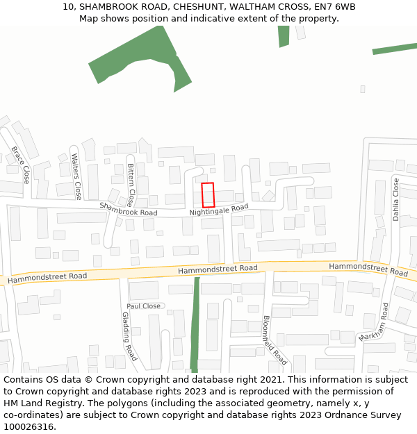 10, SHAMBROOK ROAD, CHESHUNT, WALTHAM CROSS, EN7 6WB: Location map and indicative extent of plot