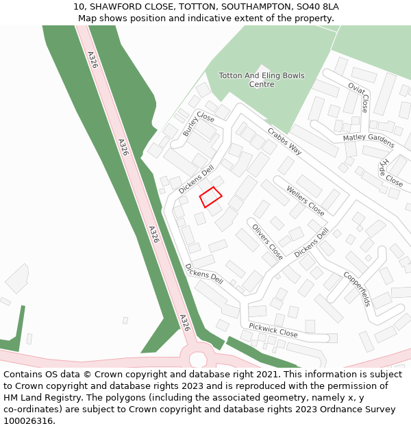 10, SHAWFORD CLOSE, TOTTON, SOUTHAMPTON, SO40 8LA: Location map and indicative extent of plot