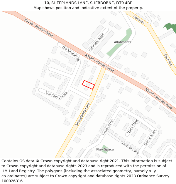 10, SHEEPLANDS LANE, SHERBORNE, DT9 4BP: Location map and indicative extent of plot