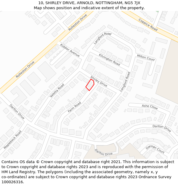 10, SHIRLEY DRIVE, ARNOLD, NOTTINGHAM, NG5 7JX: Location map and indicative extent of plot