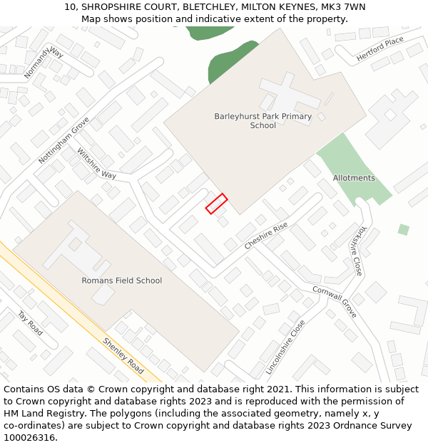 10, SHROPSHIRE COURT, BLETCHLEY, MILTON KEYNES, MK3 7WN: Location map and indicative extent of plot