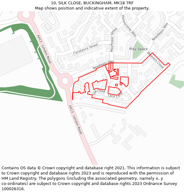 10, SILK CLOSE, BUCKINGHAM, MK18 7RF: Location map and indicative extent of plot