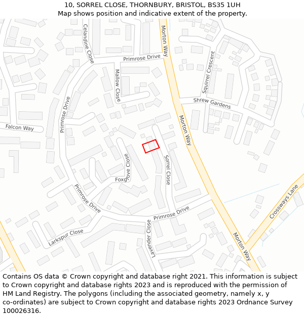 10, SORREL CLOSE, THORNBURY, BRISTOL, BS35 1UH: Location map and indicative extent of plot