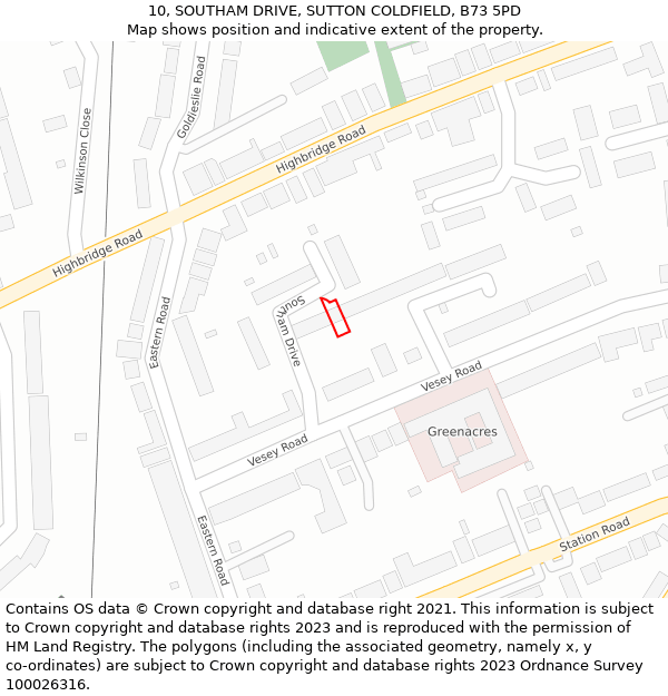 10, SOUTHAM DRIVE, SUTTON COLDFIELD, B73 5PD: Location map and indicative extent of plot