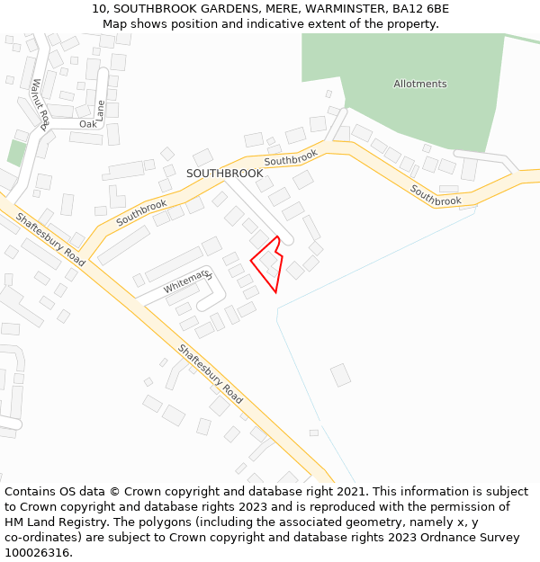 10, SOUTHBROOK GARDENS, MERE, WARMINSTER, BA12 6BE: Location map and indicative extent of plot