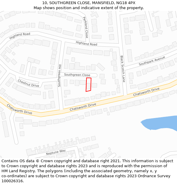 10, SOUTHGREEN CLOSE, MANSFIELD, NG18 4PX: Location map and indicative extent of plot