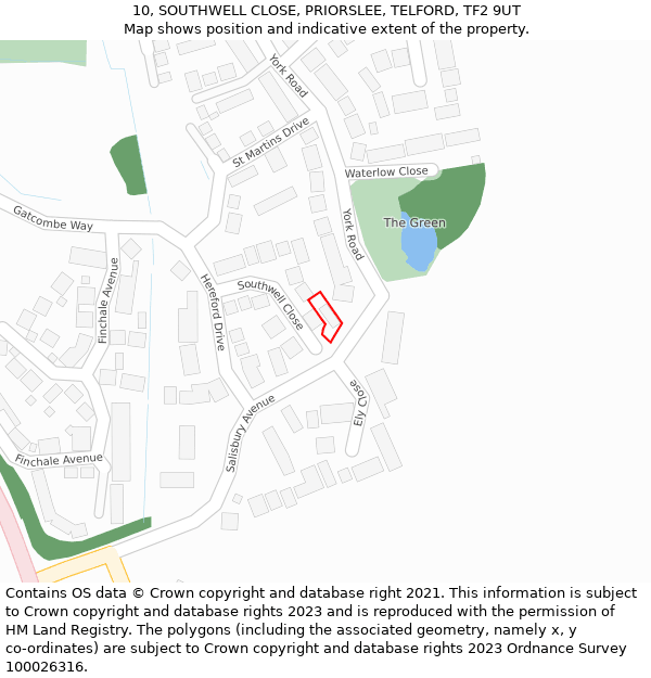 10, SOUTHWELL CLOSE, PRIORSLEE, TELFORD, TF2 9UT: Location map and indicative extent of plot
