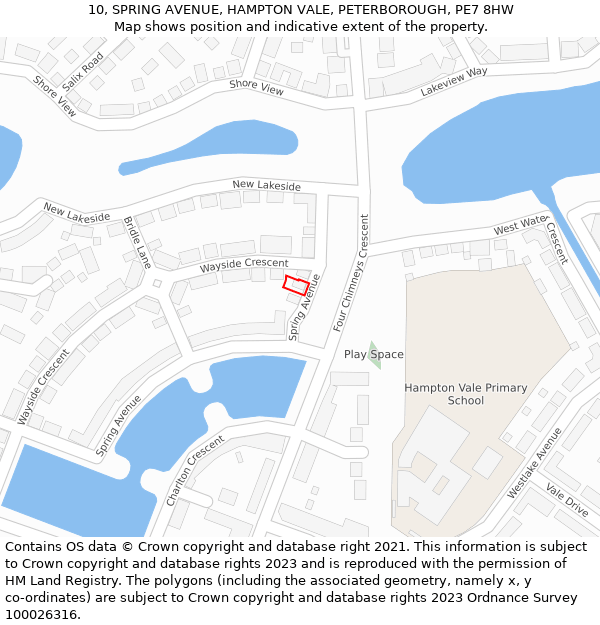 10, SPRING AVENUE, HAMPTON VALE, PETERBOROUGH, PE7 8HW: Location map and indicative extent of plot