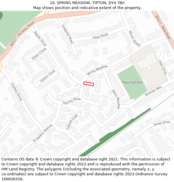 10, SPRING MEADOW, TIPTON, DY4 7BA: Location map and indicative extent of plot