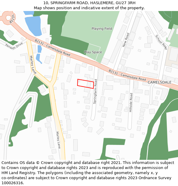10, SPRINGFARM ROAD, HASLEMERE, GU27 3RH: Location map and indicative extent of plot