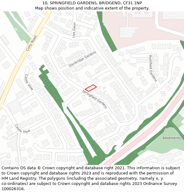 10, SPRINGFIELD GARDENS, BRIDGEND, CF31 1NP: Location map and indicative extent of plot