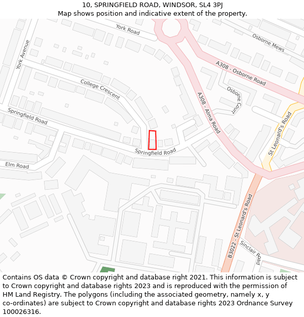 10, SPRINGFIELD ROAD, WINDSOR, SL4 3PJ: Location map and indicative extent of plot