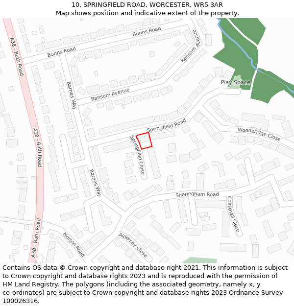 10, SPRINGFIELD ROAD, WORCESTER, WR5 3AR: Location map and indicative extent of plot