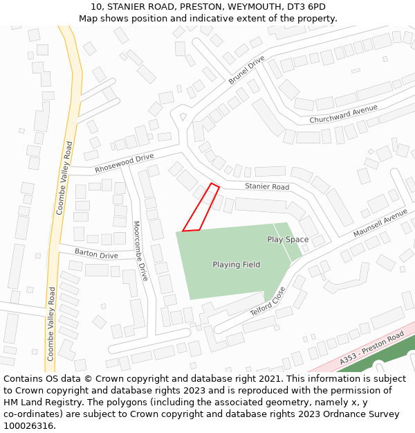 10, STANIER ROAD, PRESTON, WEYMOUTH, DT3 6PD: Location map and indicative extent of plot