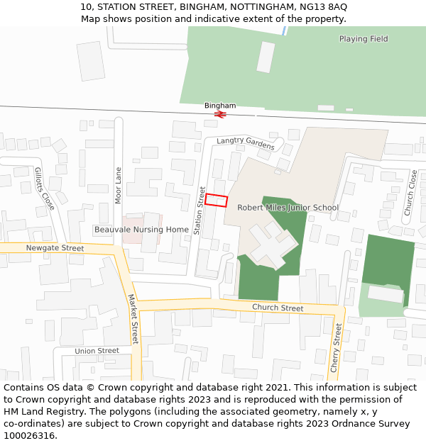 10, STATION STREET, BINGHAM, NOTTINGHAM, NG13 8AQ: Location map and indicative extent of plot