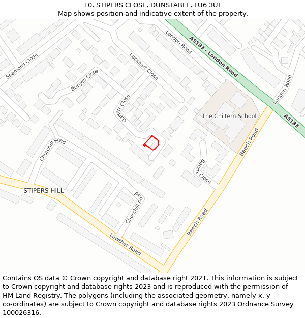 10, STIPERS CLOSE, DUNSTABLE, LU6 3UF: Location map and indicative extent of plot